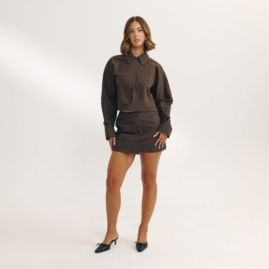 Button Detail Mini Skirt - Dark Brown