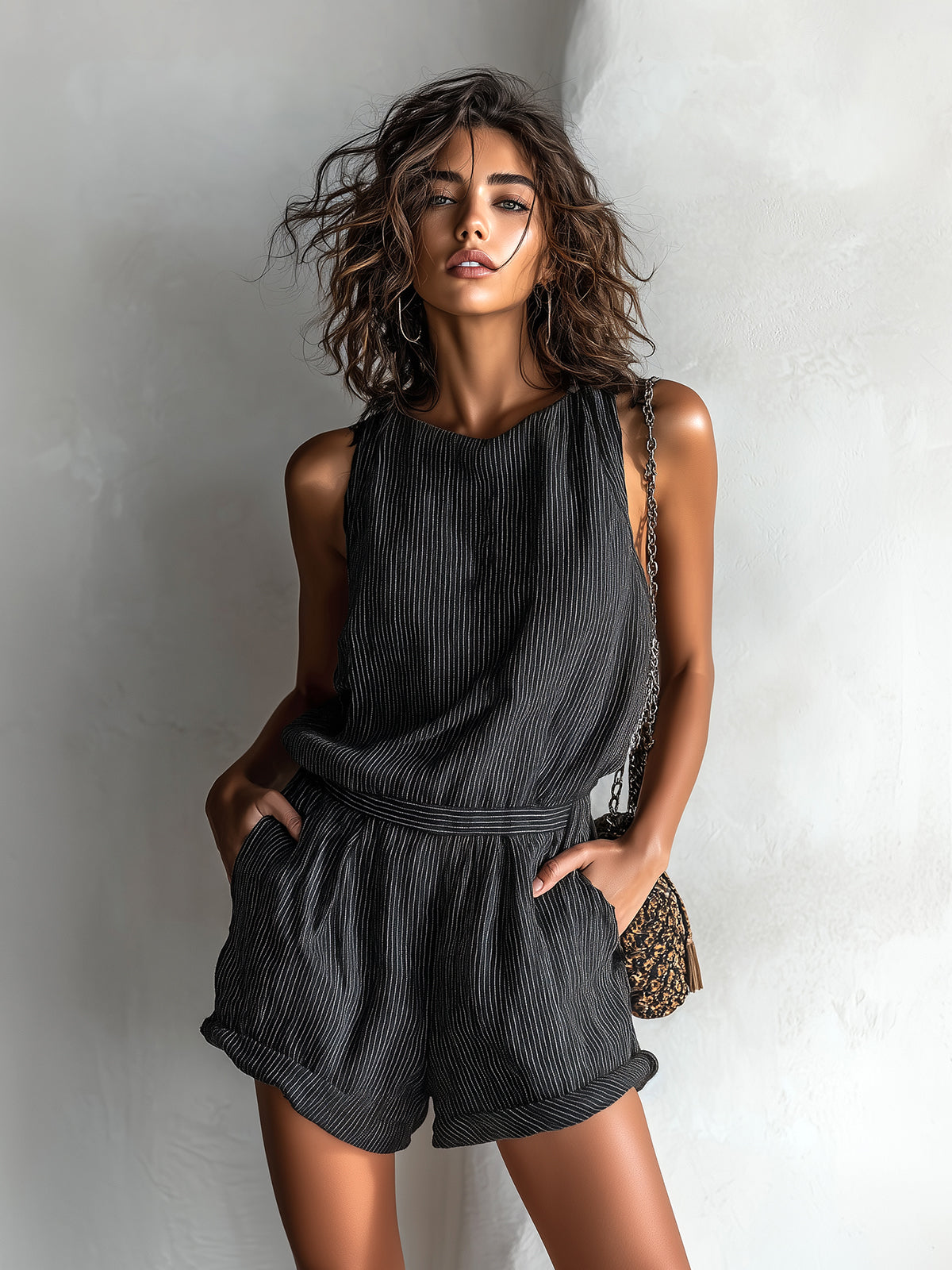 Chic Casual Black Stripe Linen Blend Boat-Neck Sleeveless Tailored-Waist Loose-Fit Romper