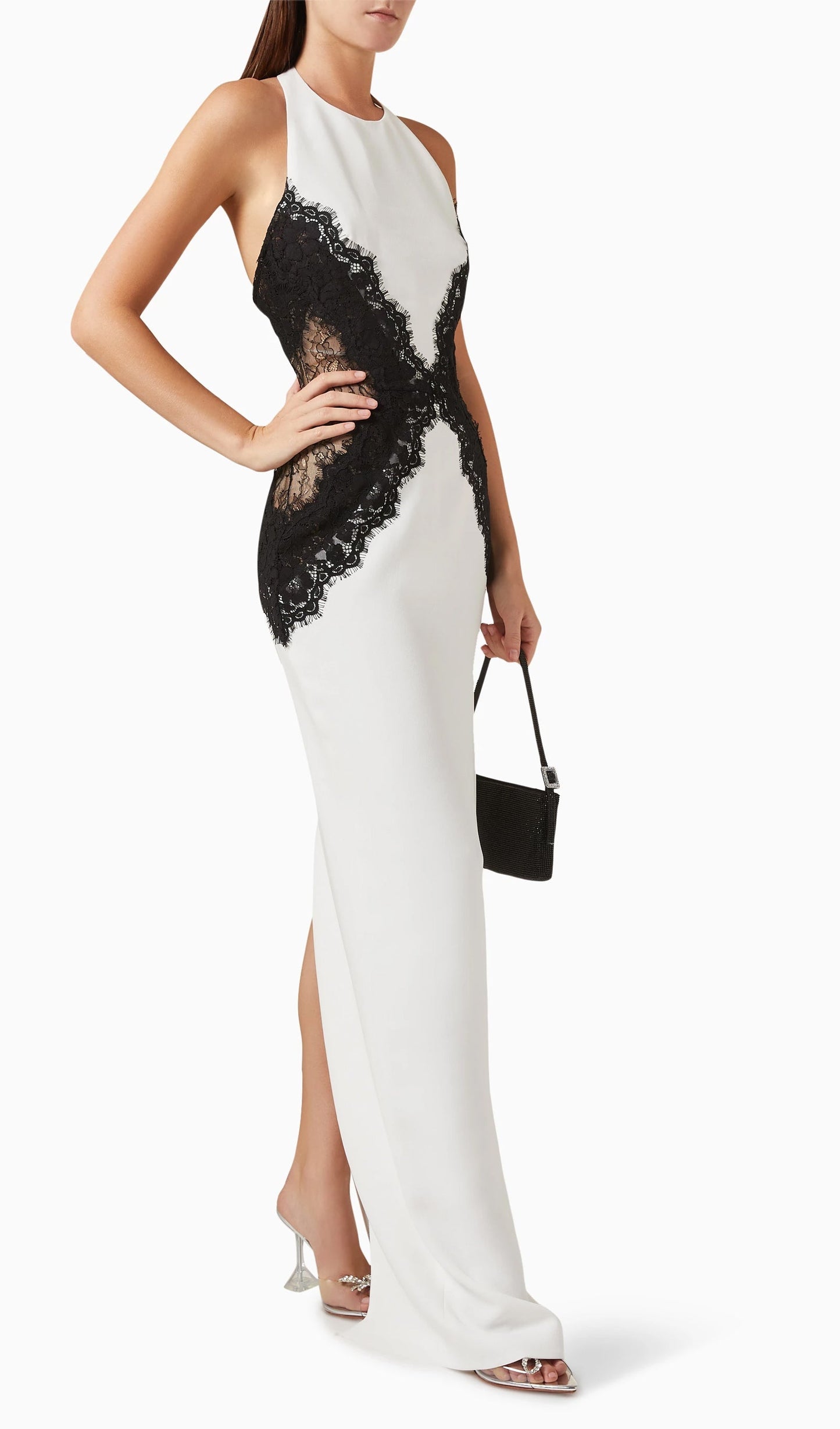 Open Back Maxi Dress In Crepe & Lace