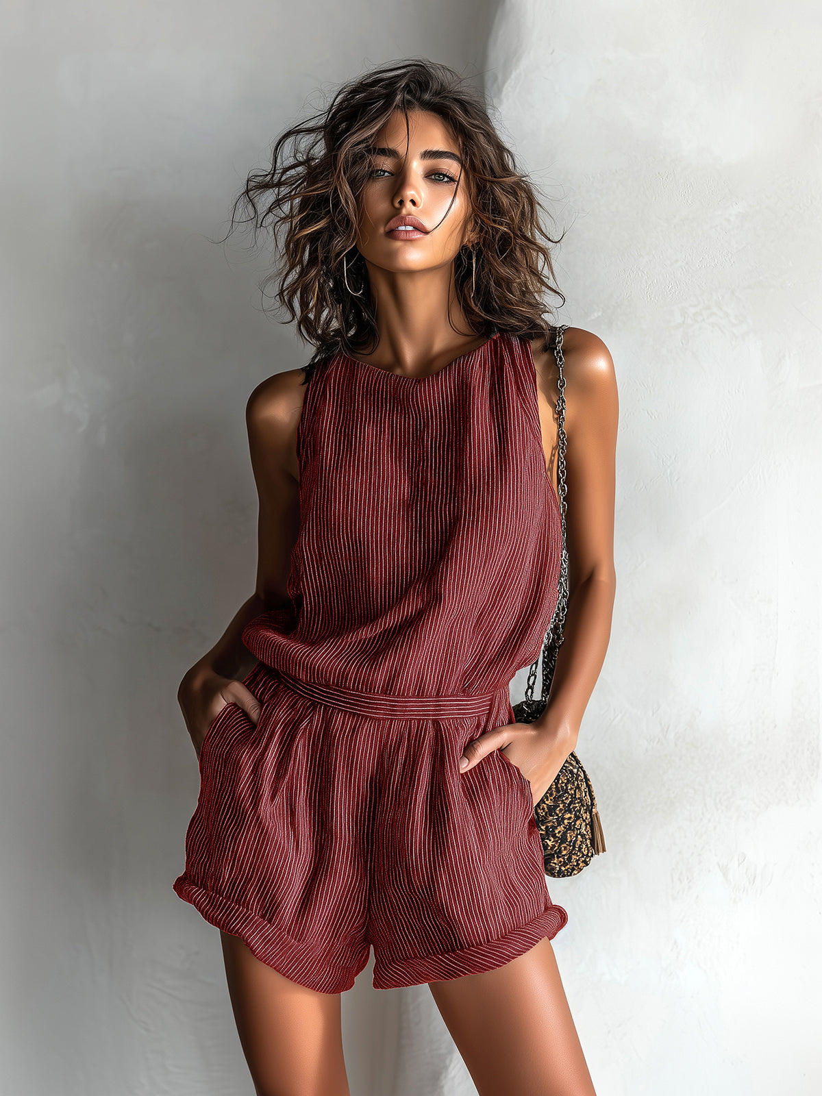 Chic Casual Black Stripe Linen Blend Boat-Neck Sleeveless Tailored-Waist Loose-Fit Romper