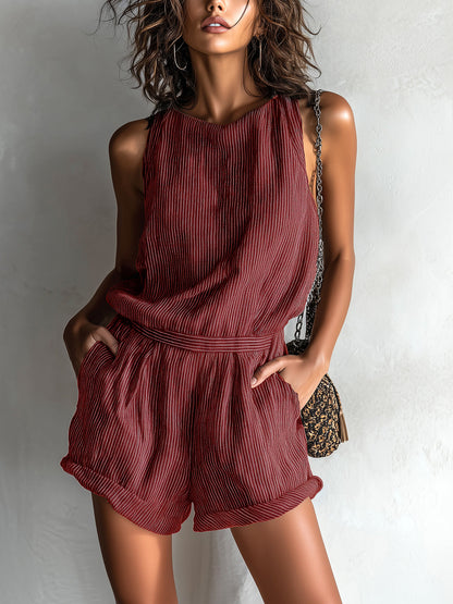 Chic Casual Black Stripe Linen Blend Boat-Neck Sleeveless Tailored-Waist Loose-Fit Romper