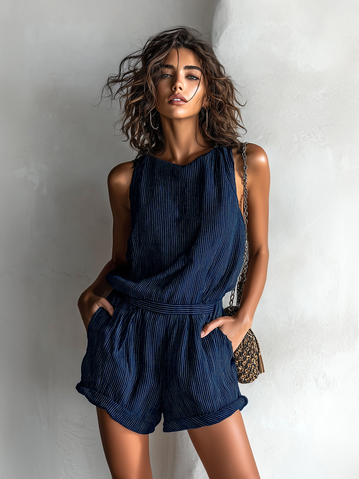 Chic Casual Black Stripe Linen Blend Boat-Neck Sleeveless Tailored-Waist Loose-Fit Romper