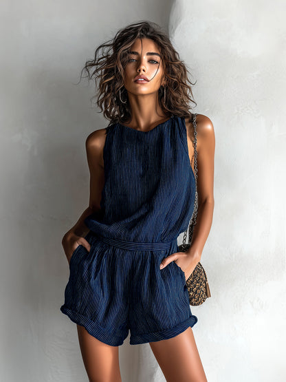 Chic Casual Black Stripe Linen Blend Boat-Neck Sleeveless Tailored-Waist Loose-Fit Romper