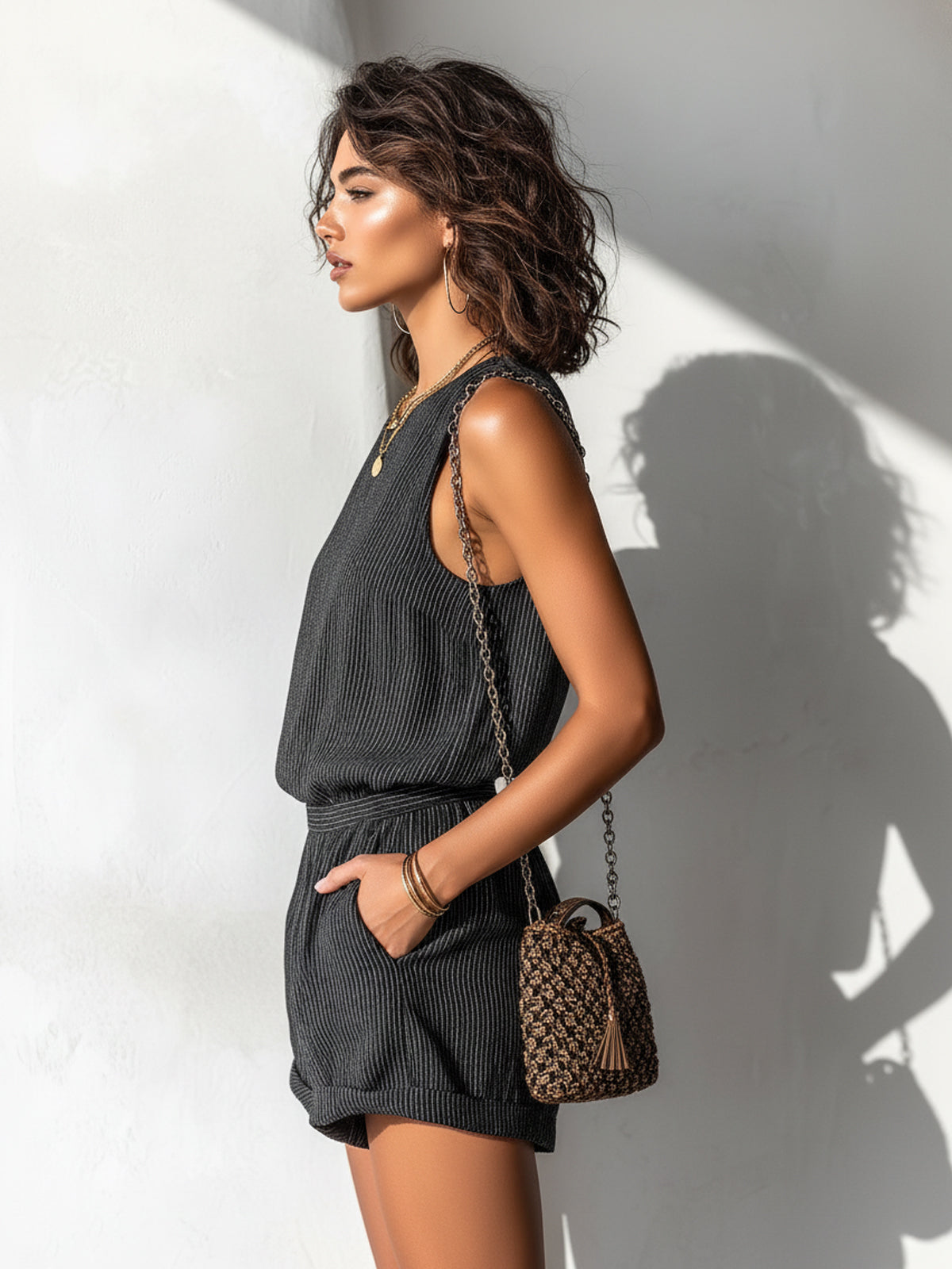 Chic Casual Black Stripe Linen Blend Boat-Neck Sleeveless Tailored-Waist Loose-Fit Romper