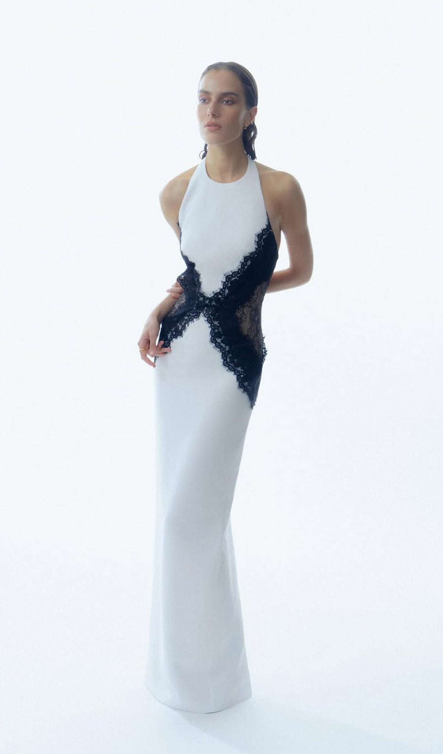 Open Back Maxi Dress In Crepe & Lace