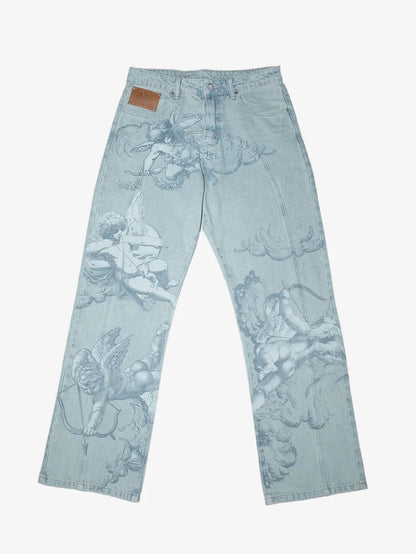 Cupid print faded blue jeans
