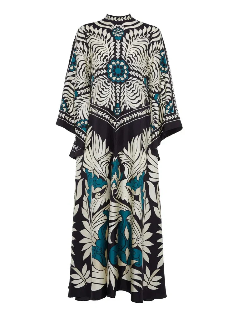 Elegance Floral Print Waterfall Sleeves Maxi Dress