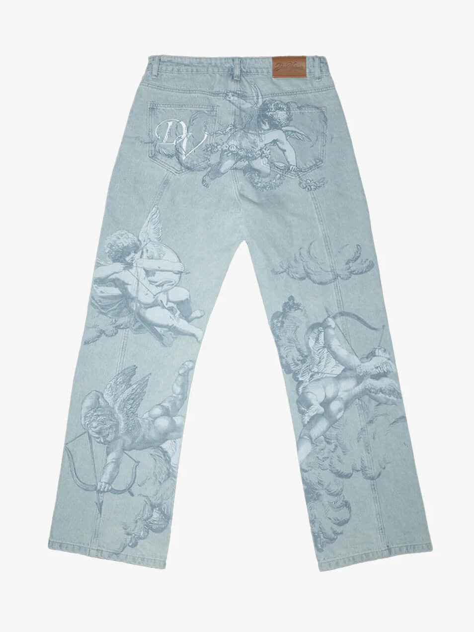Cupid print faded blue jeans