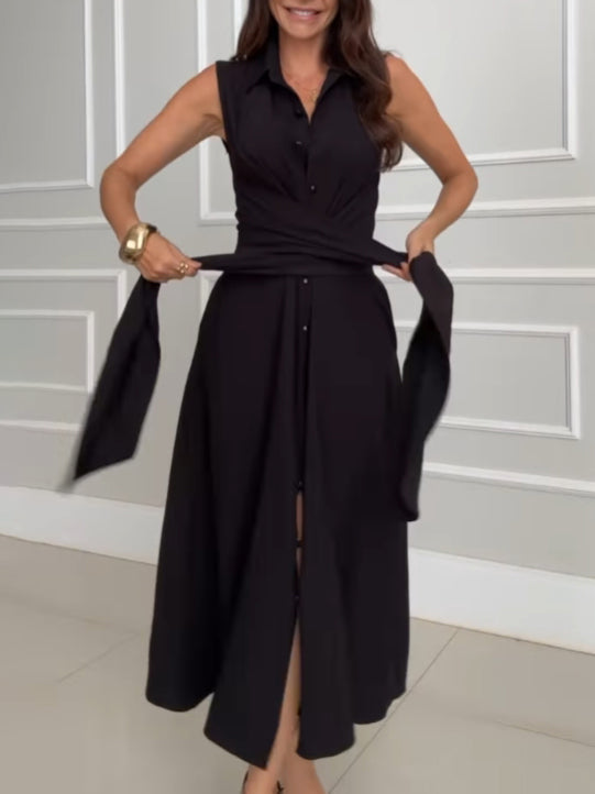 Unique Shirt Style Single-breasted Tie Midi Dress
