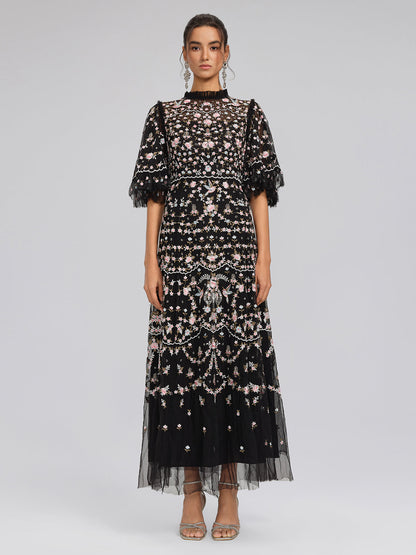 Embroidered Floral Ruffled Tulle Dress