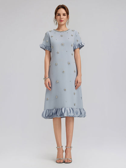 Hand-Sewn Beaded Floral-Trim Dress