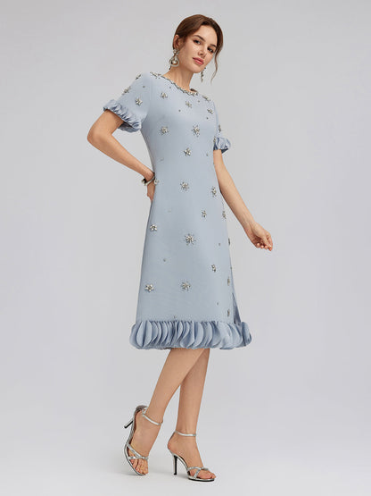 Hand-Sewn Beaded Floral-Trim Dress