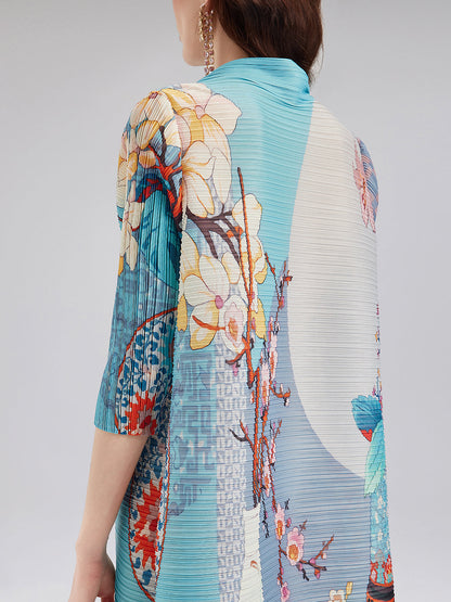 Artistic Print Pleated High Neck Dress