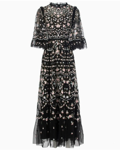 Embroidered Floral Ruffled Tulle Dress