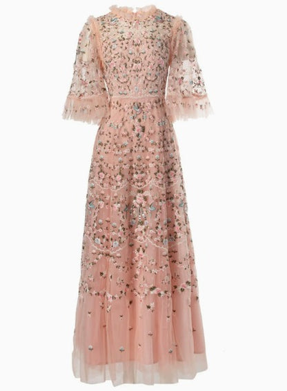 Embroidered Floral Ruffled Tulle Dress