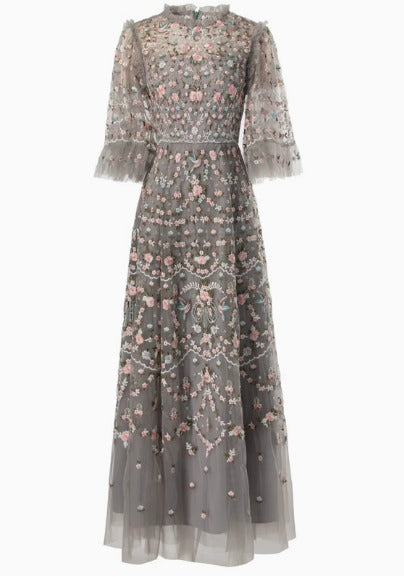 Embroidered Floral Ruffled Tulle Dress