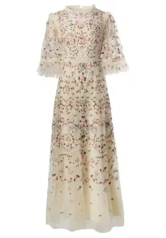 Embroidered Floral Ruffled Tulle Dress