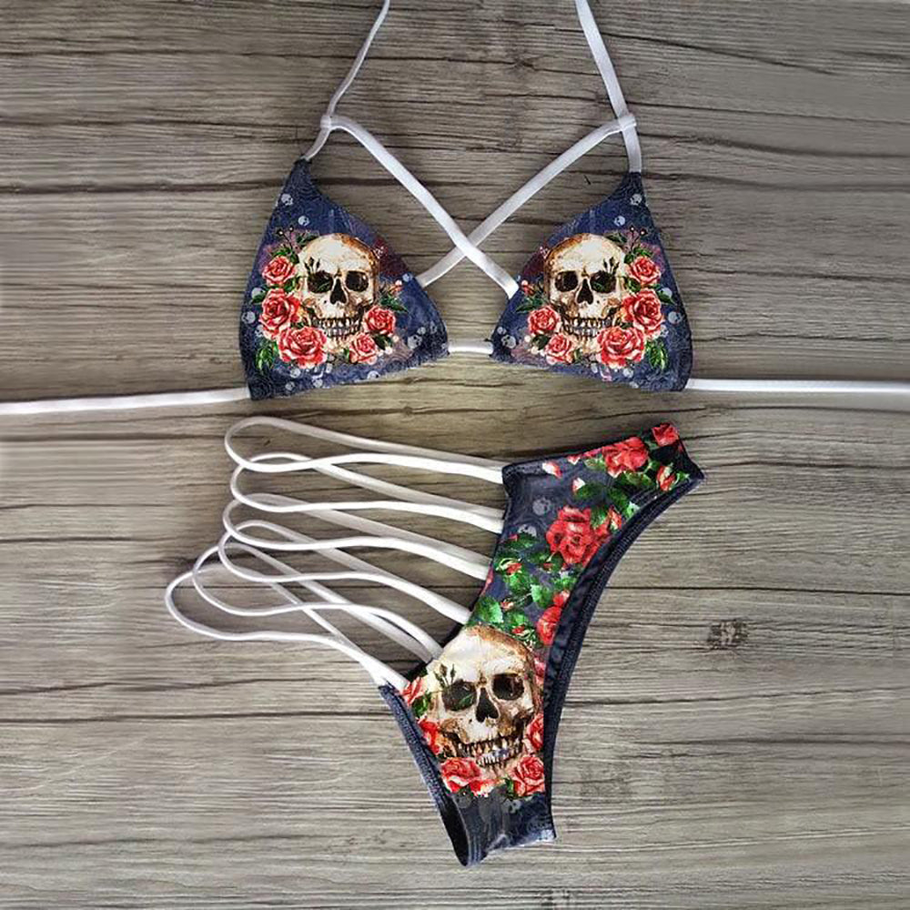 Cut-out Bikini, Cheeky Skull Flower Swimwear Set