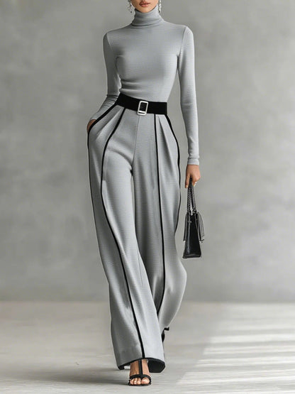 White Trim High-neck Long-sleeved Top With Wide-leg Pants and Belt Set